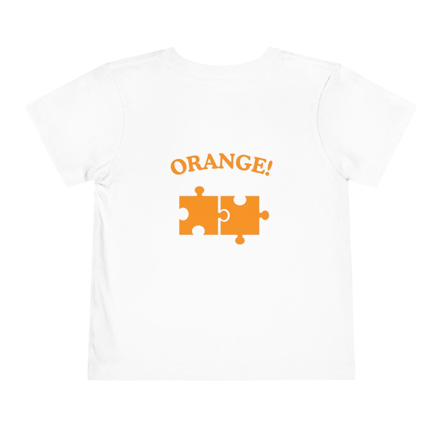 Toddler “What Color Is This?” Tee – Orange with Puzzle Piece (Back Print)